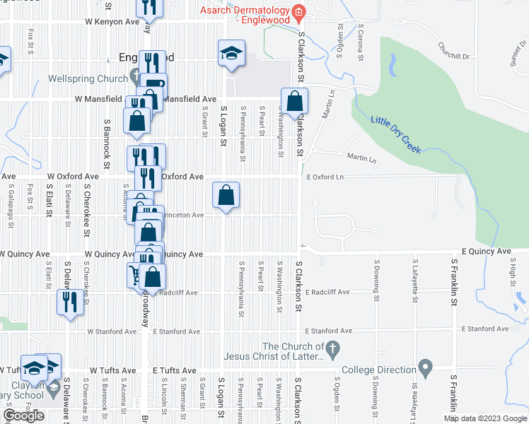 map of restaurants, bars, coffee shops, grocery stores, and more near 4196 South Pearl Street in Englewood