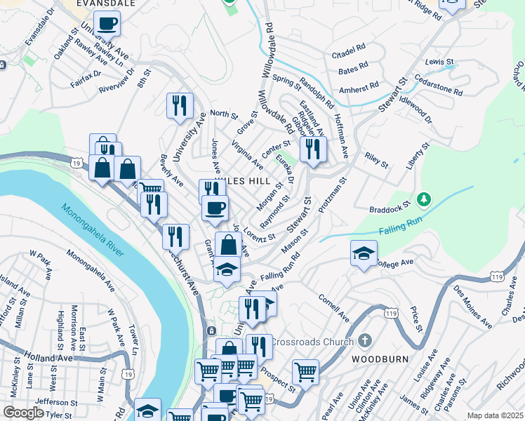 map of restaurants, bars, coffee shops, grocery stores, and more near 420 Morgan Street in Morgantown