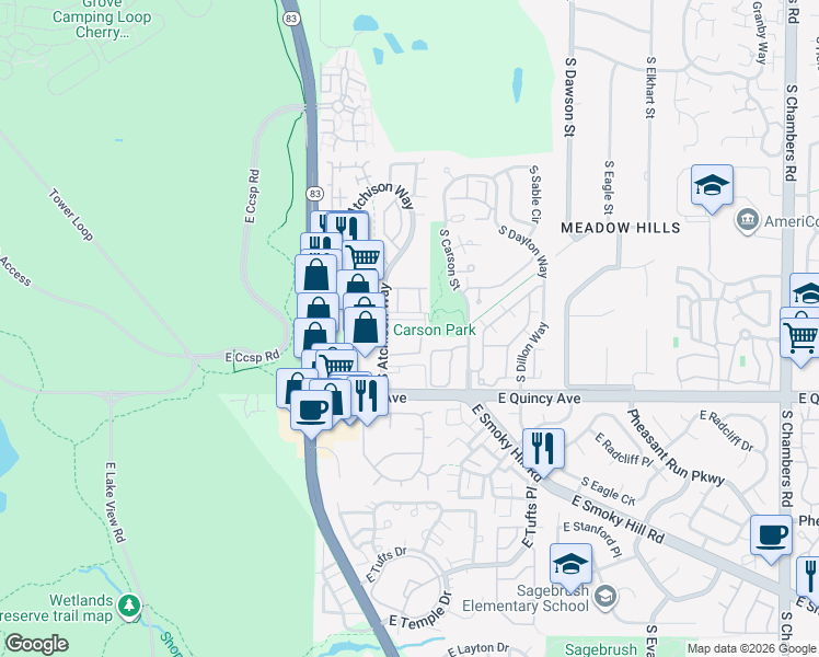 map of restaurants, bars, coffee shops, grocery stores, and more near 13950 East Oxford Place in Aurora