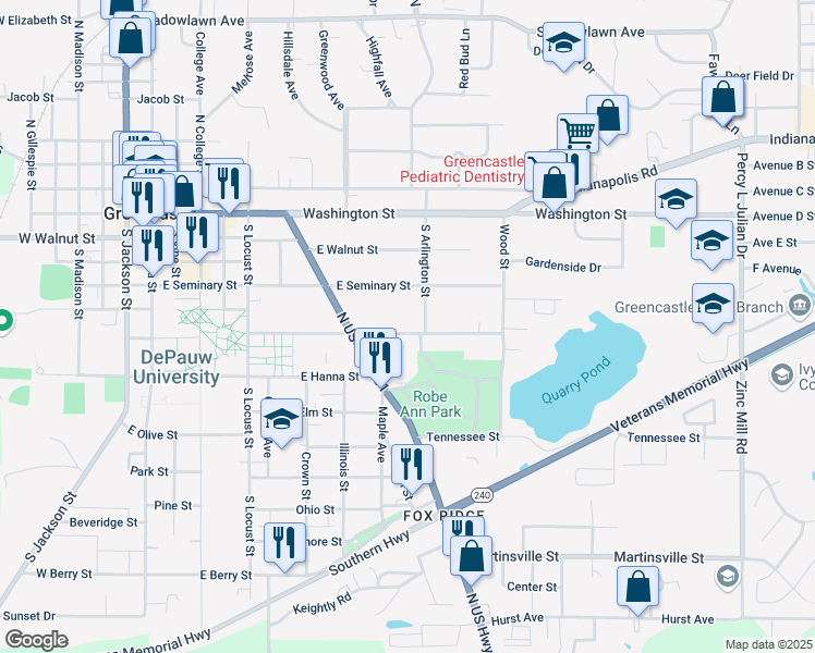 map of restaurants, bars, coffee shops, grocery stores, and more near 527 Anderson Street in Greencastle