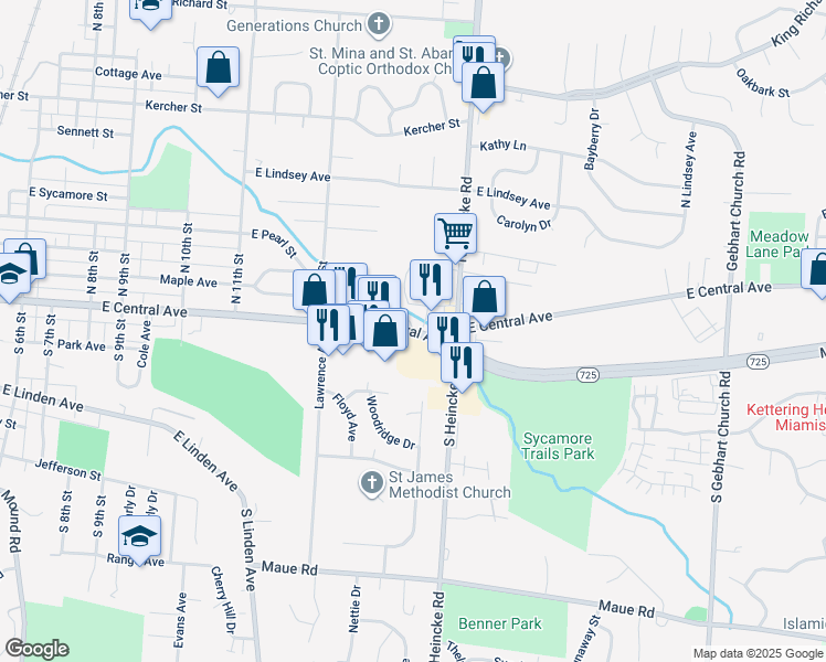 map of restaurants, bars, coffee shops, grocery stores, and more near East Central Avenue in Miamisburg