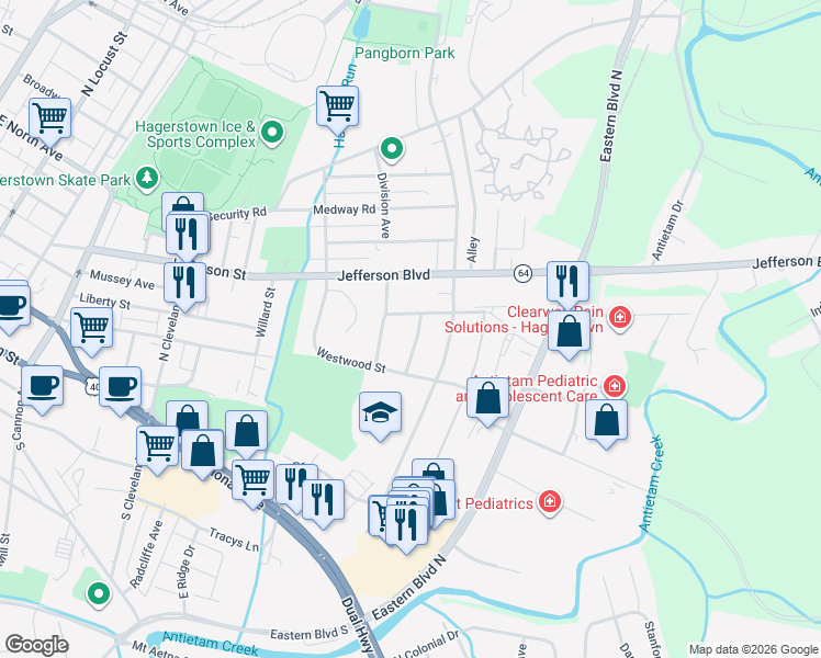 map of restaurants, bars, coffee shops, grocery stores, and more near 233 Jackson Avenue in Hagerstown