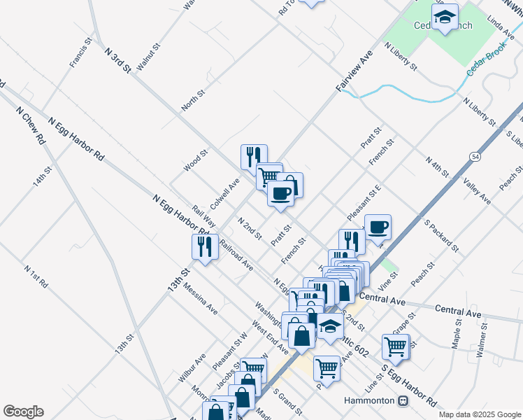 map of restaurants, bars, coffee shops, grocery stores, and more near 443 Elm Street in Hammonton