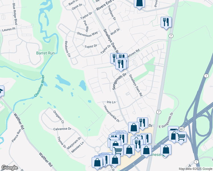 map of restaurants, bars, coffee shops, grocery stores, and more near 1 Cymbal Court in Newark