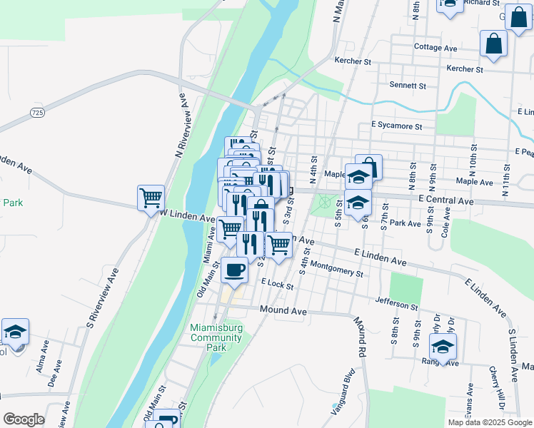 map of restaurants, bars, coffee shops, grocery stores, and more near 119 South 2nd Street in Miamisburg