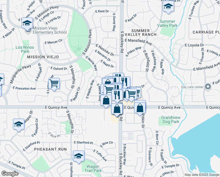 map of restaurants, bars, coffee shops, grocery stores, and more near 4174 South Ouray Way in Aurora