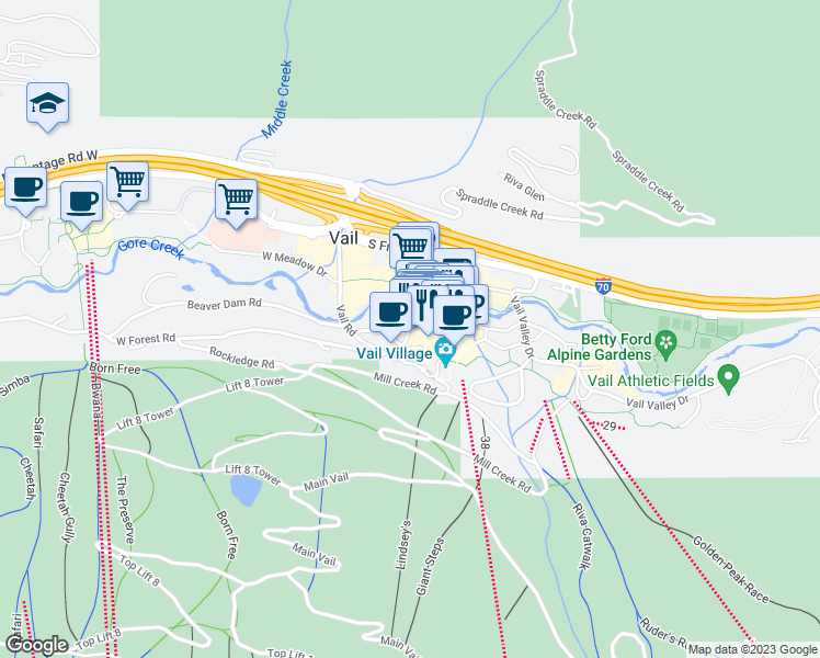 map of restaurants, bars, coffee shops, grocery stores, and more near 149 Gore Creek Drive in Vail