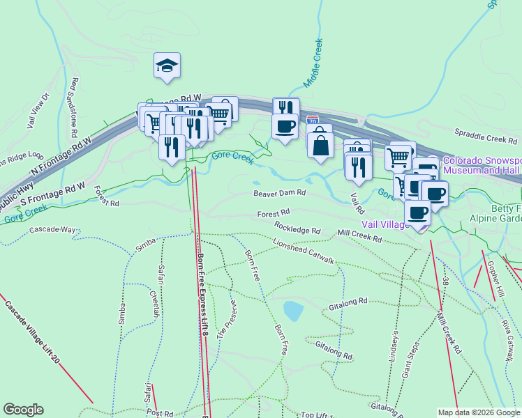 map of restaurants, bars, coffee shops, grocery stores, and more near 385 West Forest Road in Vail
