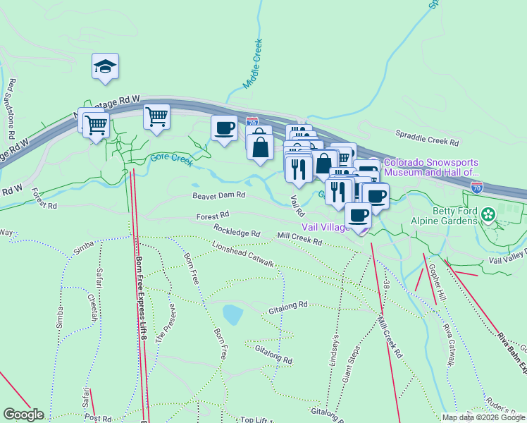 map of restaurants, bars, coffee shops, grocery stores, and more near 115 Forest Rd in Vail