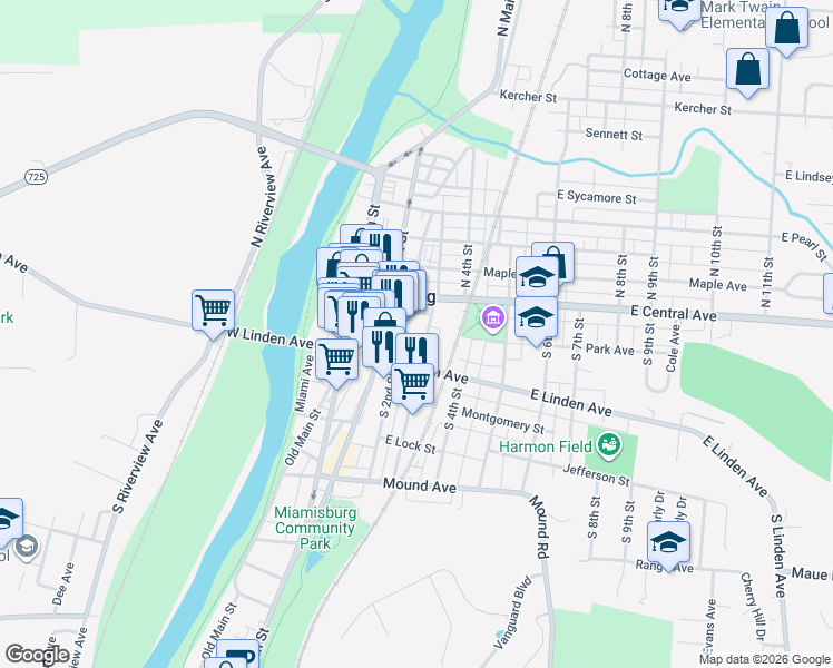 map of restaurants, bars, coffee shops, grocery stores, and more near 110 South 3rd Street in Miamisburg
