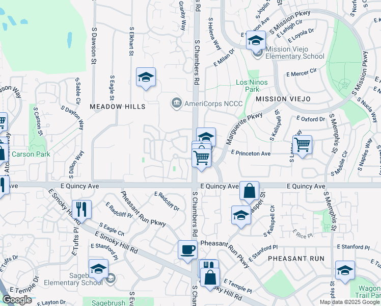 map of restaurants, bars, coffee shops, grocery stores, and more near 4154 South Granby Circle in Aurora