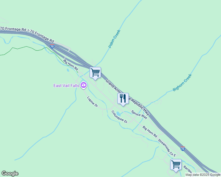 map of restaurants, bars, coffee shops, grocery stores, and more near 4093 Spruce Way in Vail
