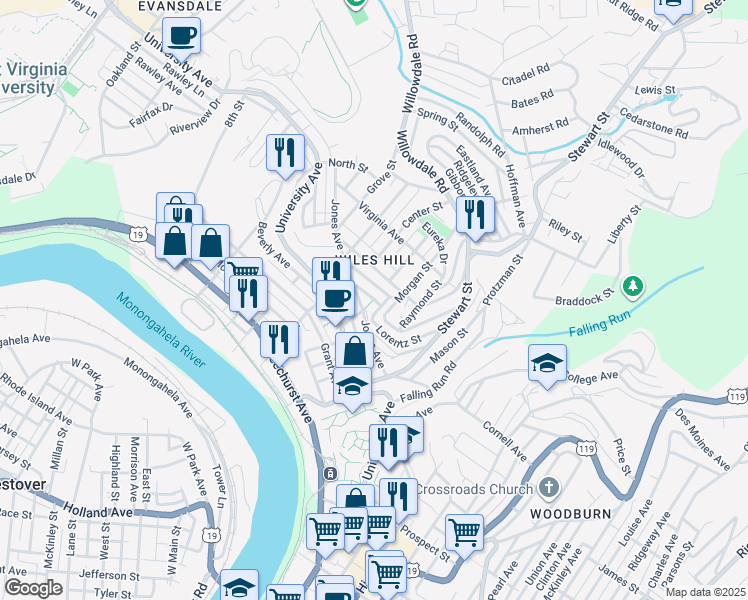 map of restaurants, bars, coffee shops, grocery stores, and more near 416 Sharon Avenue in Morgantown