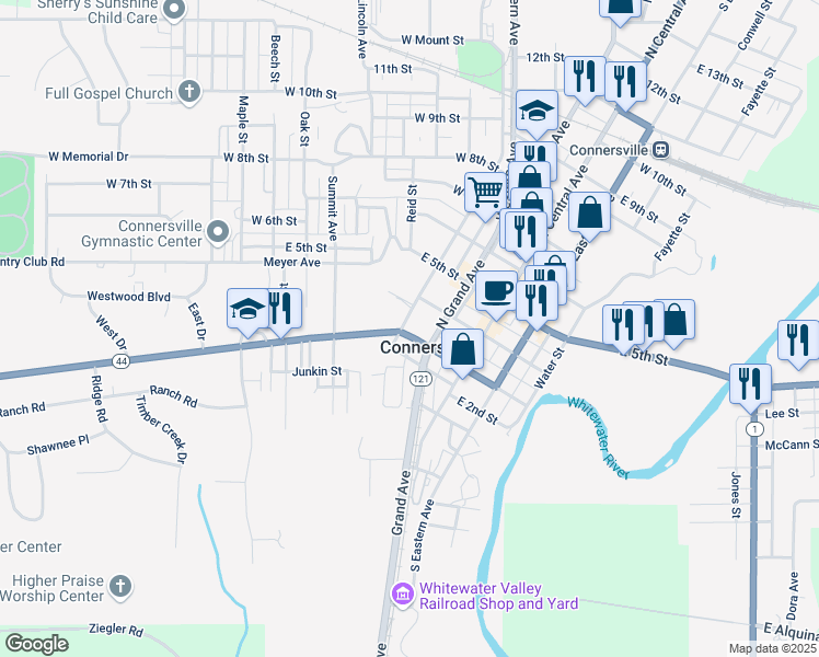 map of restaurants, bars, coffee shops, grocery stores, and more near 226 West 3rd Street in Connersville