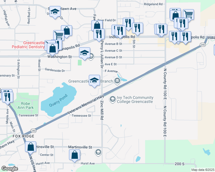 map of restaurants, bars, coffee shops, grocery stores, and more near 1007 Mill Pond Lane in Greencastle