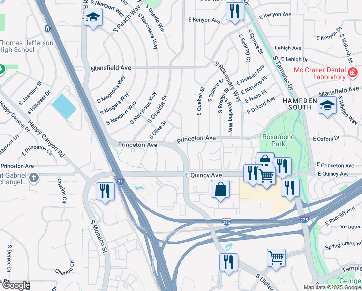 map of restaurants, bars, coffee shops, grocery stores, and more near 7170 East Princeton Avenue in Denver