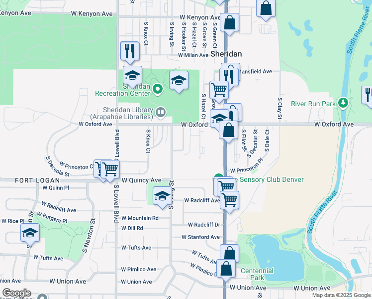 map of restaurants, bars, coffee shops, grocery stores, and more near 4172 South Hooker Street in Denver