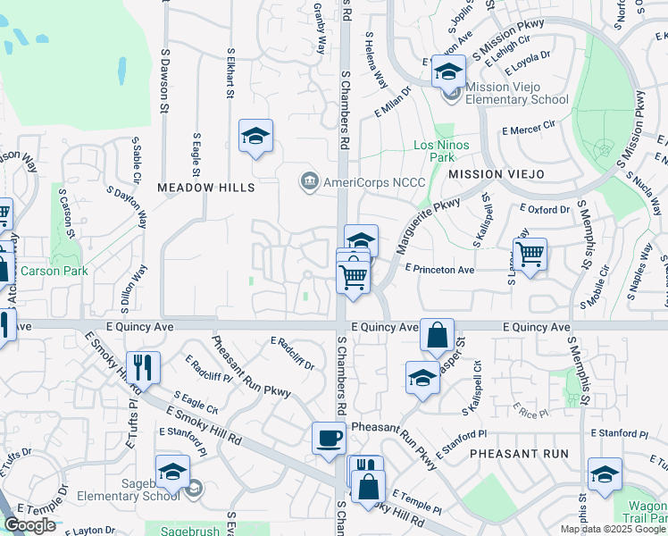 map of restaurants, bars, coffee shops, grocery stores, and more near 4154 South Granby Circle in Aurora