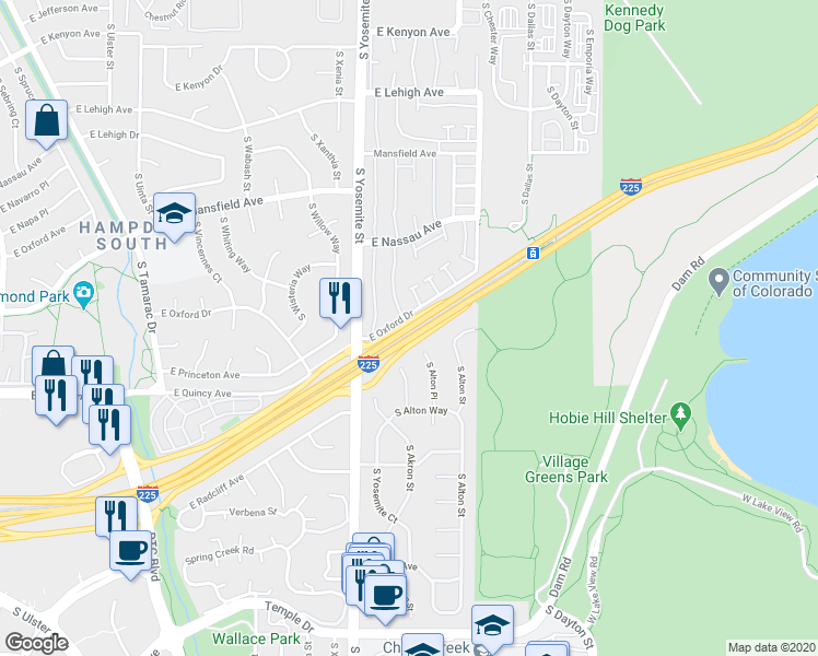 map of restaurants, bars, coffee shops, grocery stores, and more near Interstate 225 in Denver