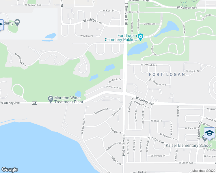 map of restaurants, bars, coffee shops, grocery stores, and more near W Princeton Dr & W Oberlin Dr in Denver