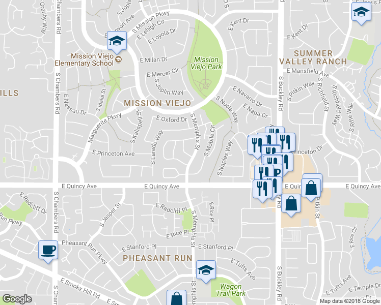 map of restaurants, bars, coffee shops, grocery stores, and more near 4182 South Memphis Way in Aurora