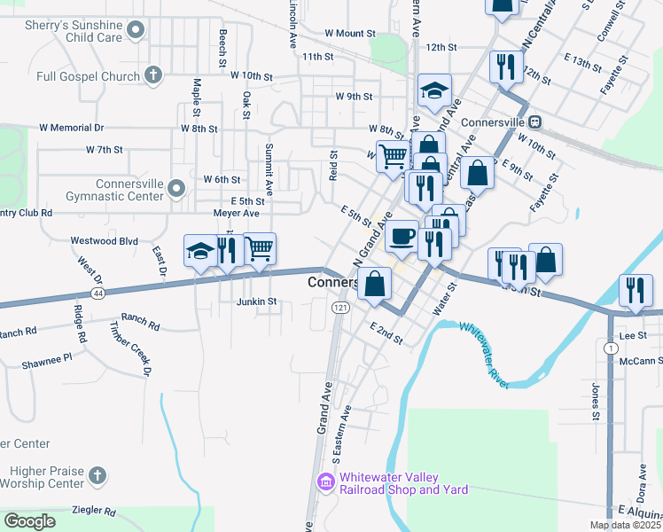 map of restaurants, bars, coffee shops, grocery stores, and more near 226 West 3rd Street in Connersville