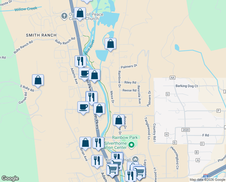 map of restaurants, bars, coffee shops, grocery stores, and more near 960 Mesa Drive in Silverthorne