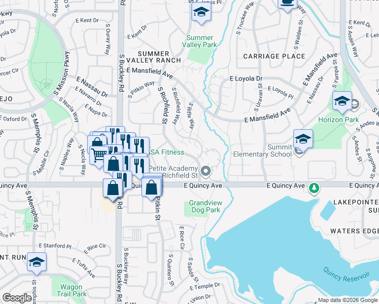 map of restaurants, bars, coffee shops, grocery stores, and more near 4238 South Richfield Street in Aurora