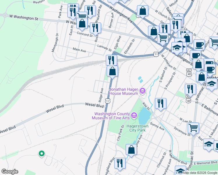 map of restaurants, bars, coffee shops, grocery stores, and more near 419 South Burhans Boulevard in Hagerstown