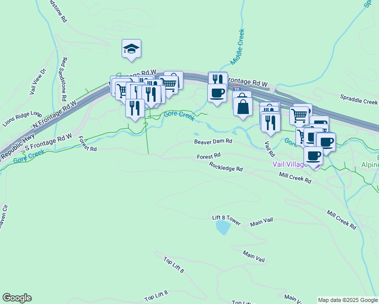 map of restaurants, bars, coffee shops, grocery stores, and more near 385 West Forest Road in Vail