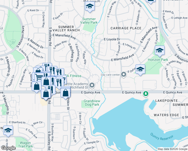 map of restaurants, bars, coffee shops, grocery stores, and more near 4273 South Salida Way in Aurora