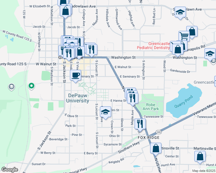 map of restaurants, bars, coffee shops, grocery stores, and more near 421 Anderson Street in Greencastle