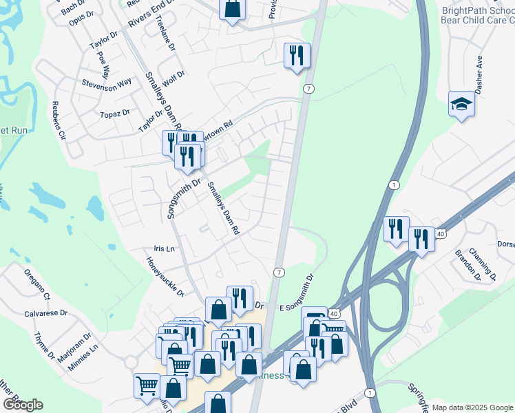 map of restaurants, bars, coffee shops, grocery stores, and more near 302 Concord Bridge Place in Newark