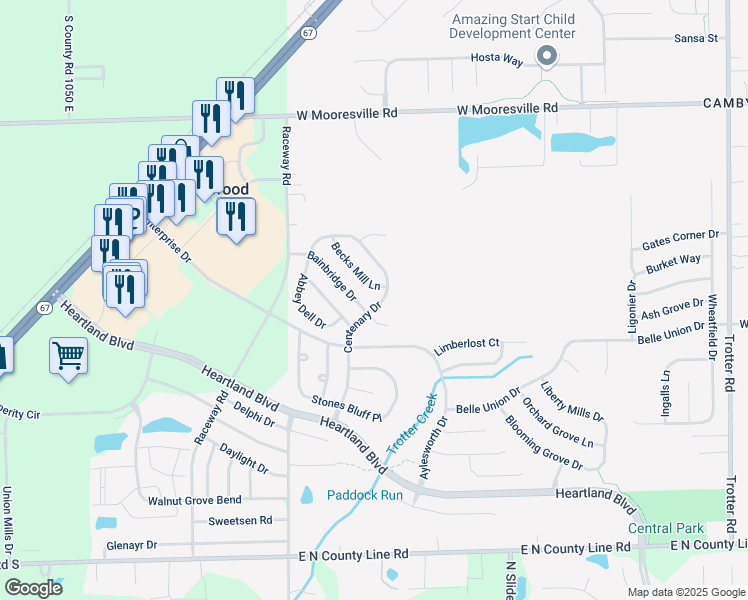 map of restaurants, bars, coffee shops, grocery stores, and more near 8440 Centenary Drive in Indianapolis