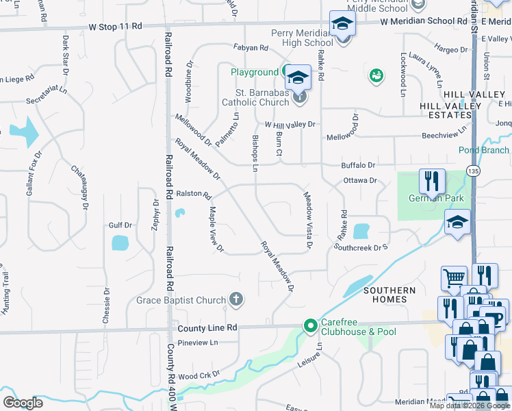 map of restaurants, bars, coffee shops, grocery stores, and more near 8612 Bishops Lane in Indianapolis