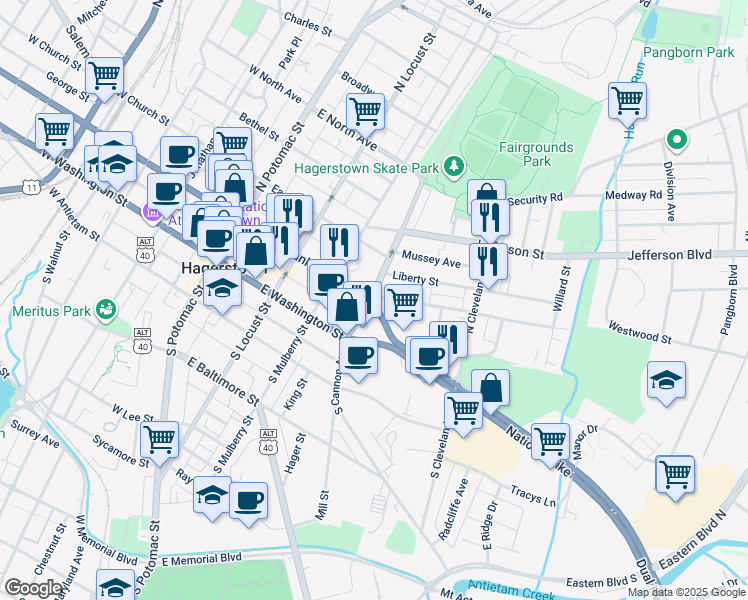 map of restaurants, bars, coffee shops, grocery stores, and more near 52 North Cannon Avenue in Hagerstown