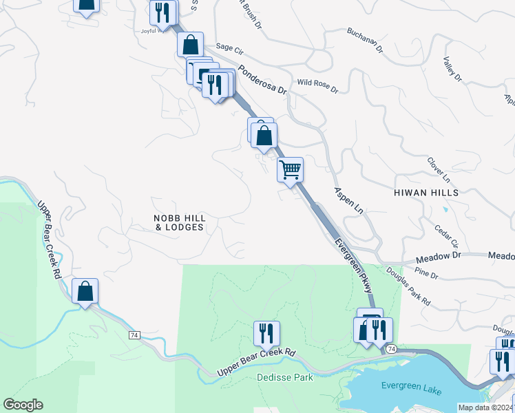 map of restaurants, bars, coffee shops, grocery stores, and more near 29840 Troutdale Scenic Drive in Evergreen