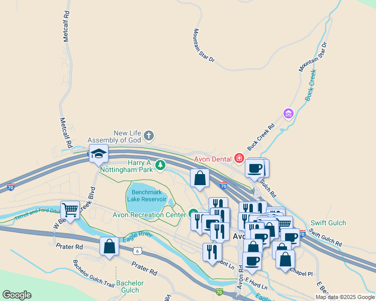 map of restaurants, bars, coffee shops, grocery stores, and more near 410 Nottingham Rd in Avon