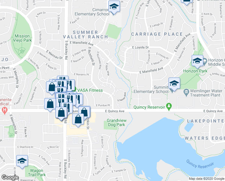 map of restaurants, bars, coffee shops, grocery stores, and more near in Aurora