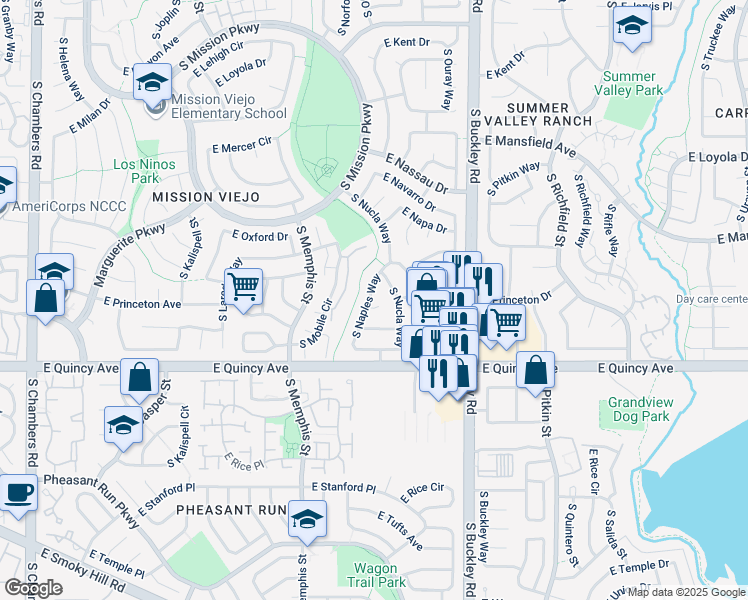 map of restaurants, bars, coffee shops, grocery stores, and more near 4205 South Naples Way in Aurora