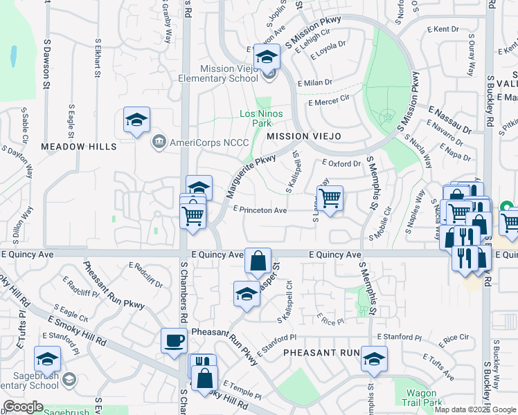 map of restaurants, bars, coffee shops, grocery stores, and more near 15798 East Princeton Avenue in Aurora