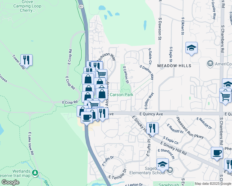 map of restaurants, bars, coffee shops, grocery stores, and more near 14064 East Princeton Place in Aurora