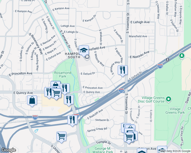 map of restaurants, bars, coffee shops, grocery stores, and more near 4144 South Valentia Street in Denver