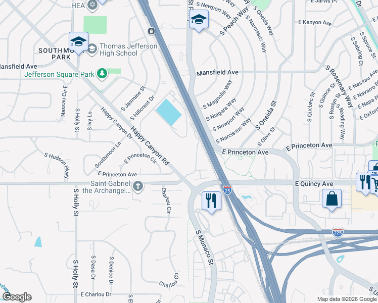 map of restaurants, bars, coffee shops, grocery stores, and more near 6495 East Happy Canyon Road in Denver