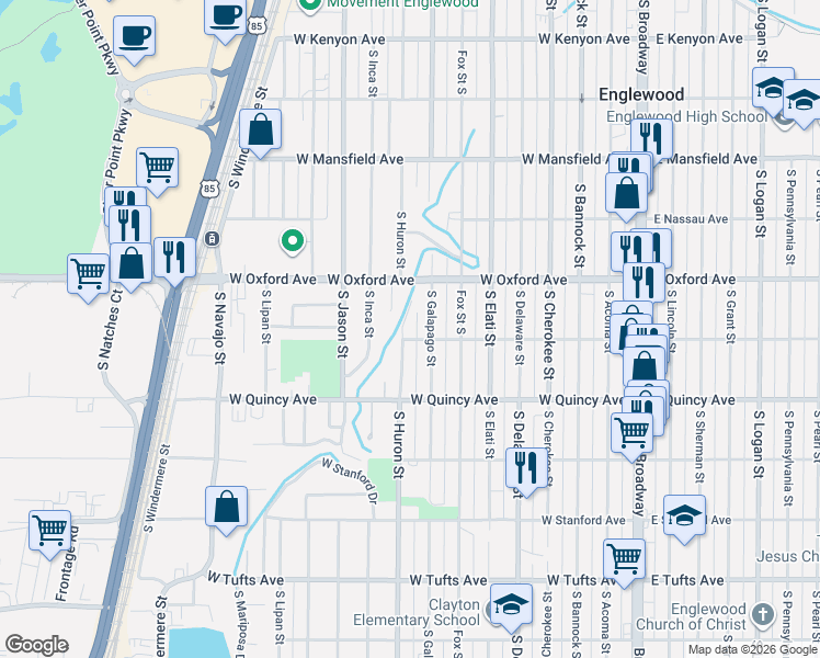 map of restaurants, bars, coffee shops, grocery stores, and more near 4190 South Huron Street in Englewood