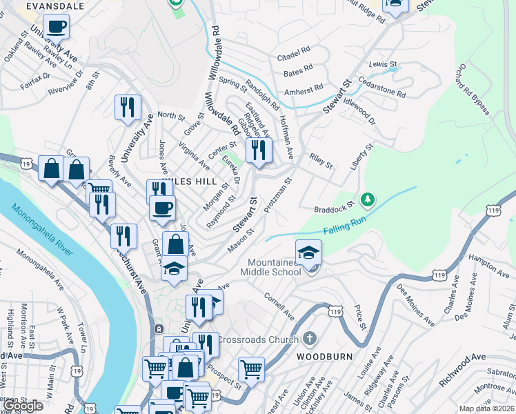 map of restaurants, bars, coffee shops, grocery stores, and more near 438 Stewart Street in Morgantown