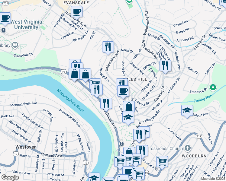 map of restaurants, bars, coffee shops, grocery stores, and more near 306 Grant Avenue in Morgantown
