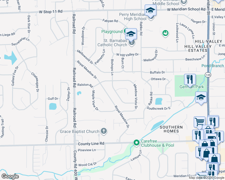 map of restaurants, bars, coffee shops, grocery stores, and more near 8612 Bishops Lane in Indianapolis