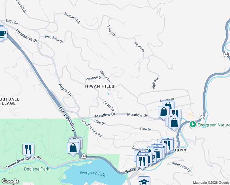 map of restaurants, bars, coffee shops, grocery stores, and more near 4148 Timbervale Drive in Evergreen