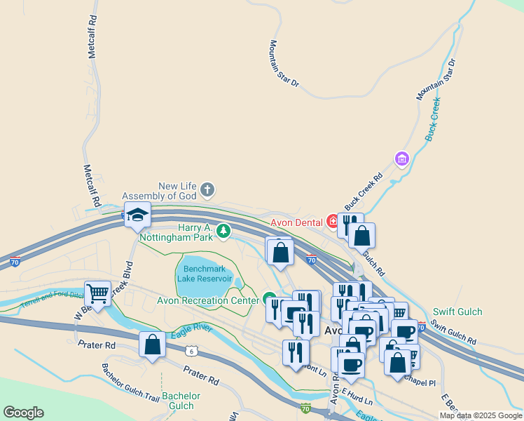 map of restaurants, bars, coffee shops, grocery stores, and more near 410 Nottingham Rd in Avon